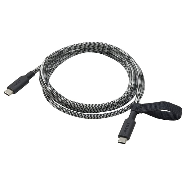 A black and gray usb-c charging cable named RUNDHULT, 1. 5 meters long, with a flexible rubber connector and an elastic band for storage.