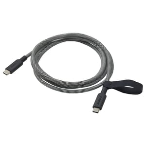A black and gray usb-c charging cable named RUNDHULT, 1. 5 meters long, with a flexible rubber connector and an elastic band for storage.