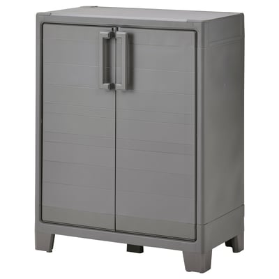 Gray RUNMARÖ outdoor storage cabinet, rectangular, double doors with metallic handles, made of durable plastic.