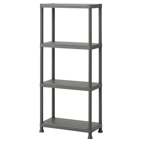 RUNMARÖ gray plastic 3-tier storage shelf, rectangular shape with clean design, ideal for indoor/outdoor use.