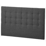 Dark grey upholstered headboard, rectangular shape, padded, modern and soft design.