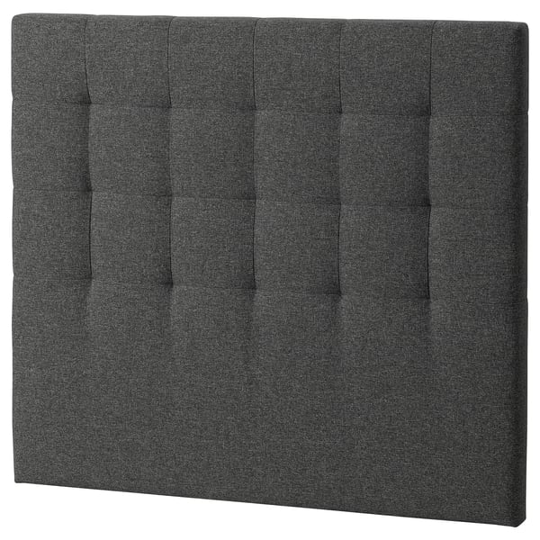 Dark gray RYKKINN upholstered headboard, rectangular with sew lines, soft fabric.