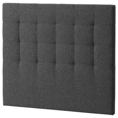 Dark gray RYKKINN upholstered headboard, rectangular with sew lines, soft fabric.