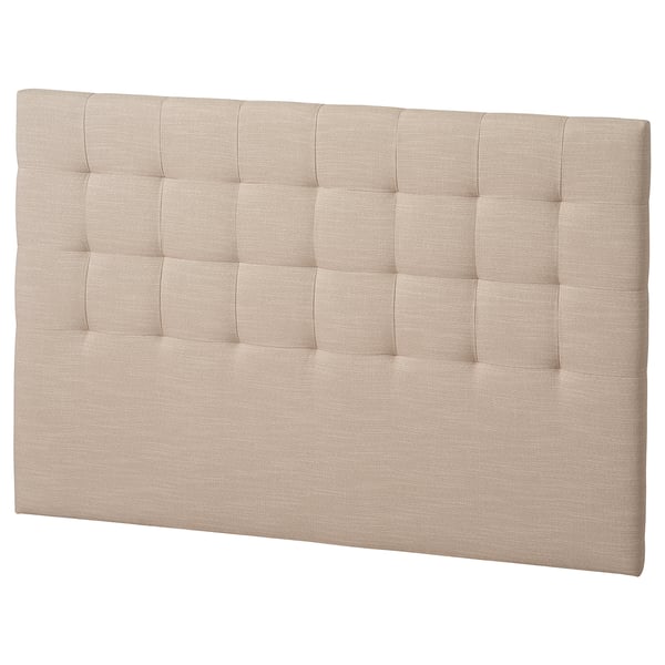 RYKKINN beige headboard: soft, padded, rectangular, modern stitching.