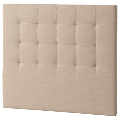 A beige RYKKINN headboard, rectangular with tufted design, upholstered in cotton and polyester blend, giving a cozy and soft look.