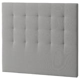 Grey rectangular headboard, soft fabric with tufted squares.