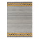 Option: Grey and yellow woven wool rug with fringe, diamond patterns.