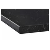 Black rectangular worktop with smooth, rounded edges, made of laminate. It appears sleek and durable, showing minimal signs of wear.