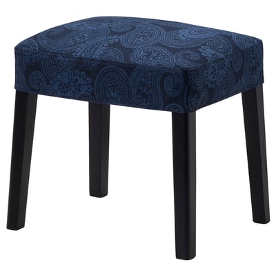 Blue paisley stool, black wooden legs, curved seat, ornate design.