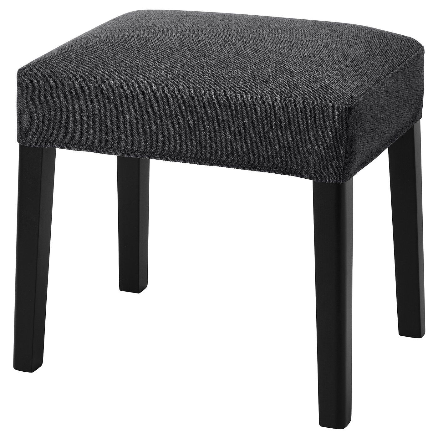 SAKARIAS grey upholstered stool with black legs, square-shaped, cushioned seat.