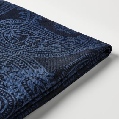 Folded blue paisley-patterned cotton fabric. High-quality intricate design, smooth texture, and fine stitching visible.