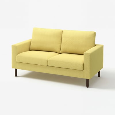 Yellow modern sofa, sleek design, upholstered in fabric, wooden legs.