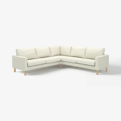 SALTSJÖBADEN 4-seat corner sofa, light grey, fabric, modern style, with wooden legs and cushions.