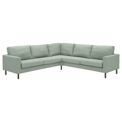 Saltjöbaden light green corner sofa, modern design, wooden legs, soft cushions.
