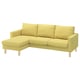 Bright yellow sectional sofa, modern design, three cushions, light wood legs.