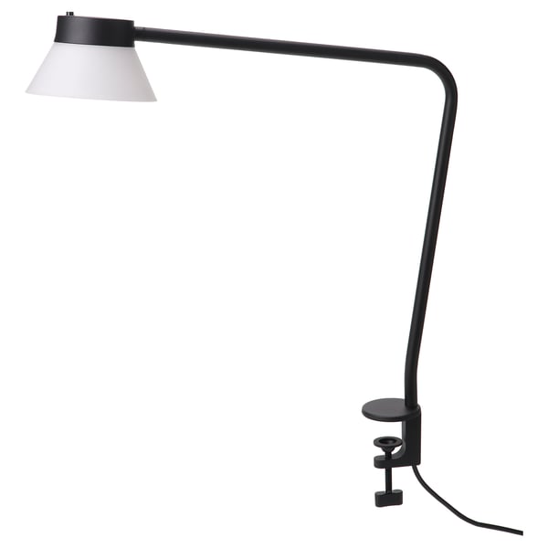 A black SAMBORD desk lamp with a conical shade, clamped to a desk edge, featuring adjustable light direction.