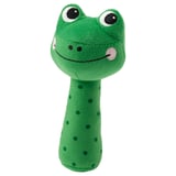 Green frog-shaped baby rattle toy with spots, smiling face.