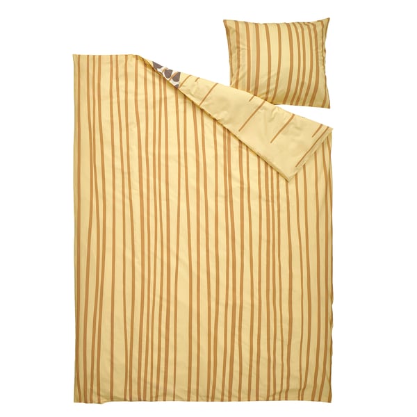 A yellow striped duvet set with a coordinating pillow for a childs bed.