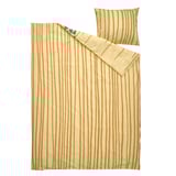 A yellow striped duvet set with a coordinating pillow for a childs bed.