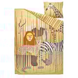 Safari-themed bedding: yellow lion, zebra, giraffe, and more on savannah background; duvet and pillow in soft cotton and viscose.