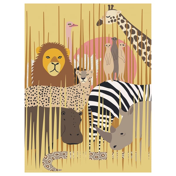 SANDLÖPARE poster: bright yellow savannah scene with lion, cheetah, zebra, giraffe, and hippo silhouettes.