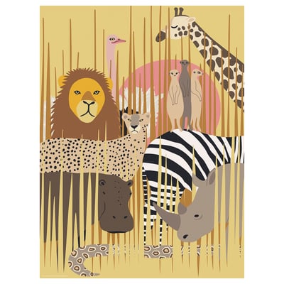 SANDLÖPARE poster: bright yellow savannah scene with lion, cheetah, zebra, giraffe, and hippo silhouettes.