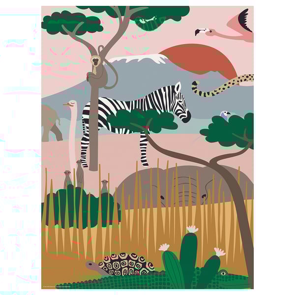 Illustrated savannah poster, featuring zebra, monkey, meerkats, flamingos, cheetah, and crocodile.