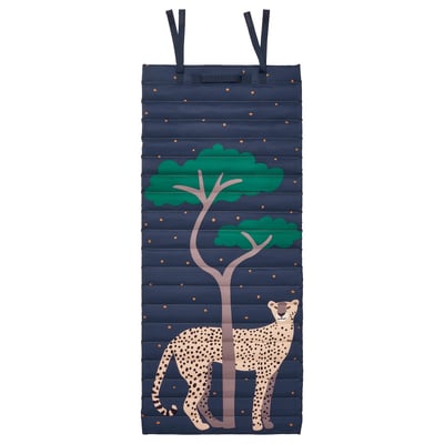 Savannah-themed kids mat, navy blue, quilted, rectangle with cheetah & tree design, recycled materials.
