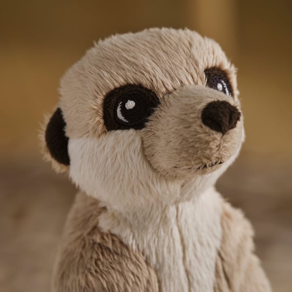 Close-up of a plush stuffed animal, likely a bear, with soft beige fur, round black eyes, and a gentle smile.