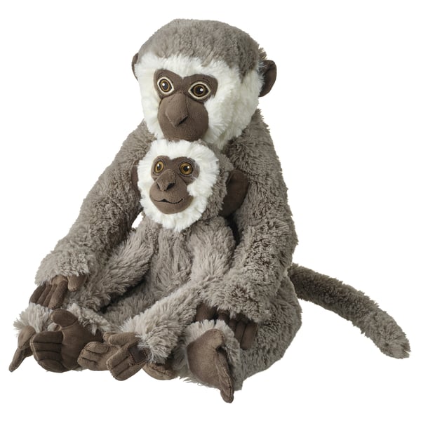 A pair of gray stuffed monkeys, one larger and one smaller, made from recycled polyester, sitting together.