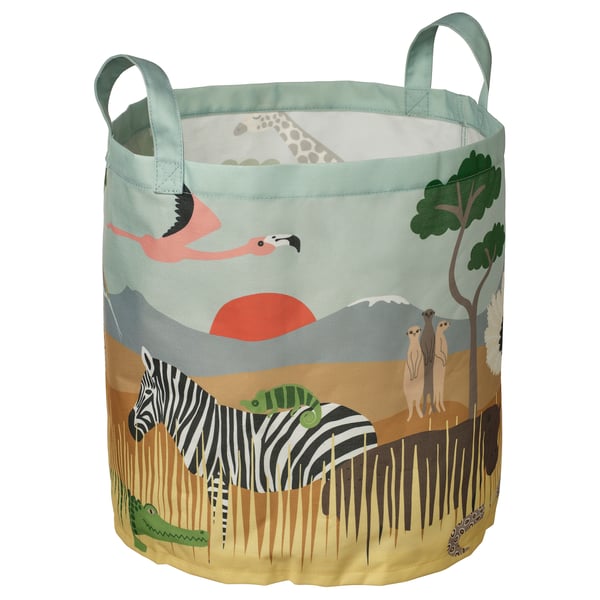Safari-themed storage basket, colorfully designed with savannah scene, handles on both ends.