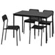 A black sansberg dining set with a rectangular table and four stackable chairs, all made of metal and plastic.