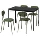 A sandberg dining set with a black table and four green chairs. The chairs have metal frames, padded seats, and backs, with a modern, sleek design.