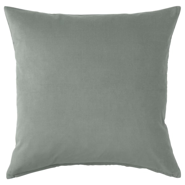 Square decorative cushion, soft gray-green SANELA cotton velvet. Uniform color and smooth texture.