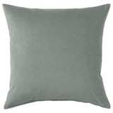 Square decorative cushion, soft gray-green SANELA cotton velvet. Uniform color and smooth texture.