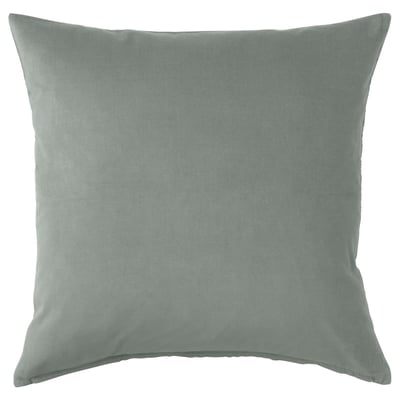 Square decorative cushion, soft gray-green SANELA cotton velvet. Uniform color and smooth texture.