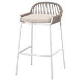 SEGERÖN white wicker bar stool with beige cushion on four legs.