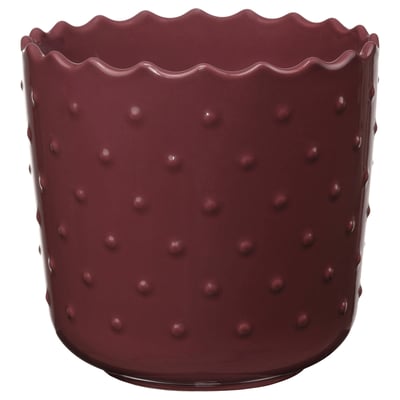Red ceramic planter, scalloped edge, dot texture, round, stoneware.