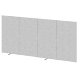 This image shows SIDORNA room dividers, light gray, rectangular, made of paperboard and steel parts. Four panels stand on legs, divided into sections.