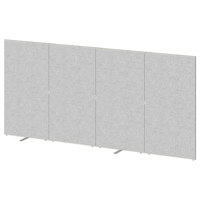 This image shows SIDORNA room dividers, light gray, rectangular, made of paperboard and steel parts. Four panels stand on legs, divided into sections.