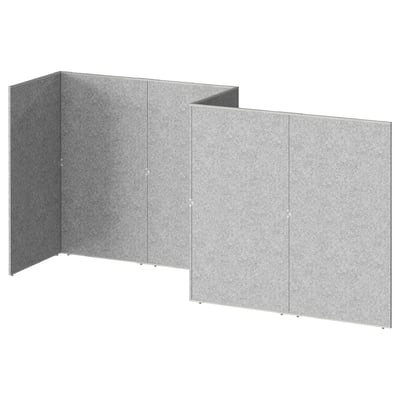 Gray room divider panels, modular, interconnected, padded, versatile for offices.