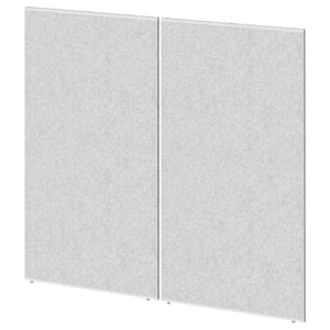 Two light grey, rectangular room dividers with textured surfaces, standing upright and attached together.