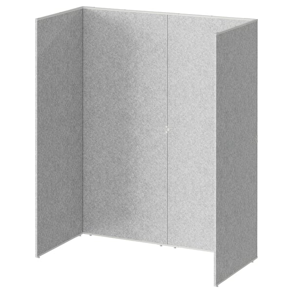 A SIDORNA grey room divider in a u-shape, made of paperboard and steel, standing against a white background.