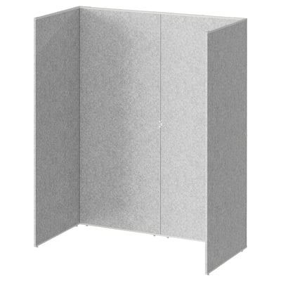 A SIDORNA grey room divider in a u-shape, made of paperboard and steel, standing against a white background.