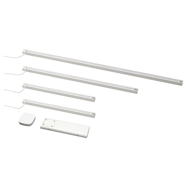 Wireless, dimmable led bathroom light strips with remote, silver color, aluminum, plastic, and steel.