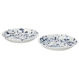 Two white, shallow dishes with blue splatter pattern, made of stoneware with glazed finish. Round shape, edges slightly raised.