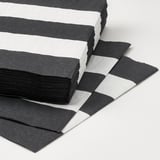 Stack of black and white striped napkins, neatly arranged; prominent texture and absorbent quality.