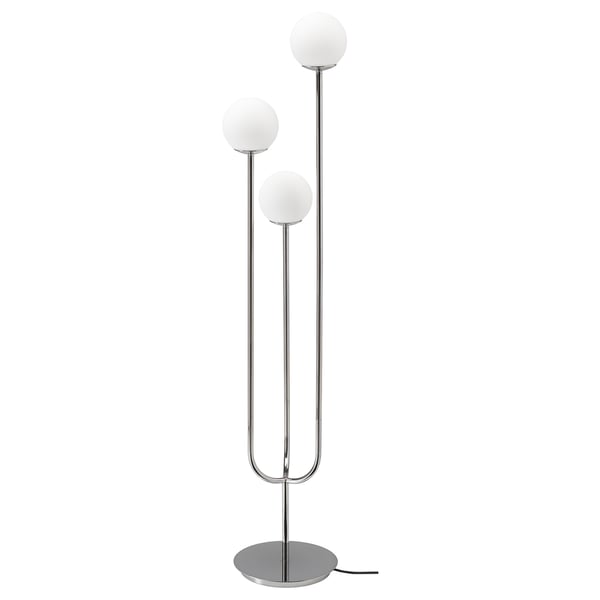 SIMRISHAMN chrome lamp: three white glass globes, chrome metal, tall, slim, modern, floor-standing design.