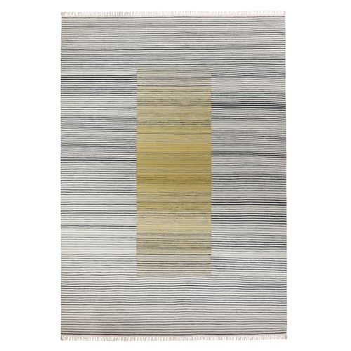 Modern SJÖTÅTEL rug: gray/striped with yellow accents, rectangular, wool/cotton, handwoven with fringes.
