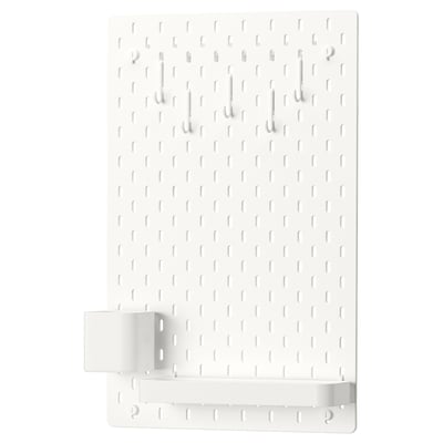 SKÅDIS white pegboard with metal fixtures, rectangular shape, organizing system.